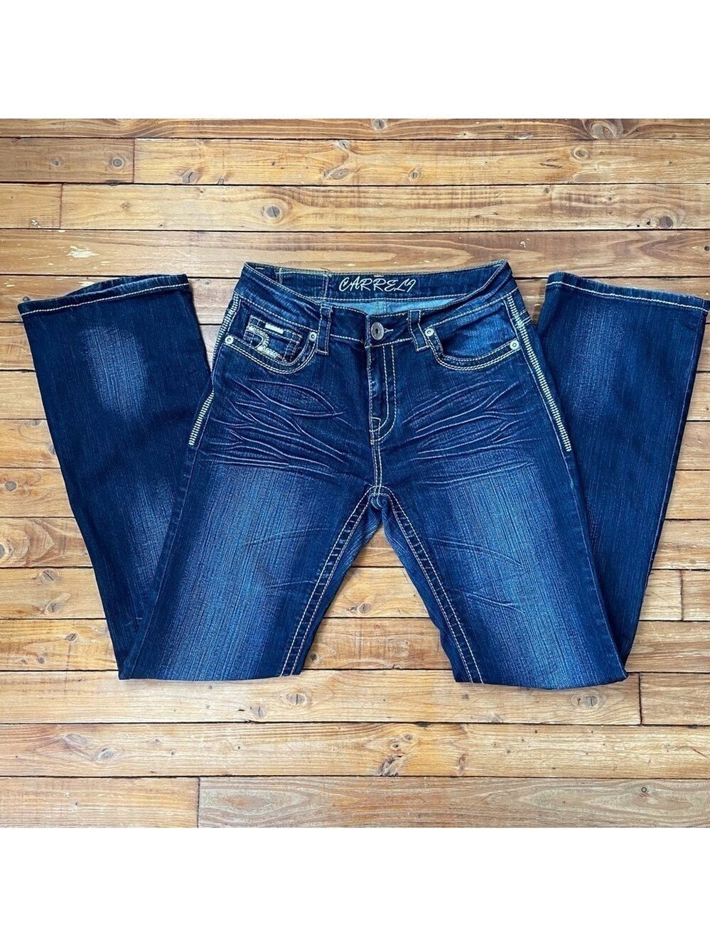 CARRELI blue jeans sequin mid rise tall flare leg wide size 30 coastal cowgirl